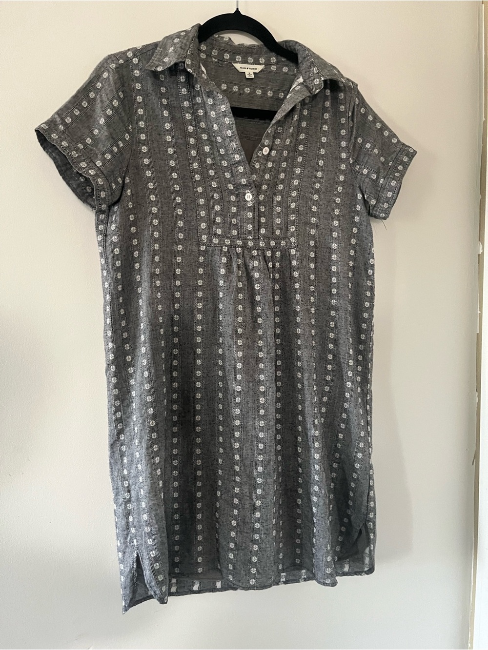 Max Studio 100% Cotton Shirt Mini Dress Small Gray Geometric Print Casual